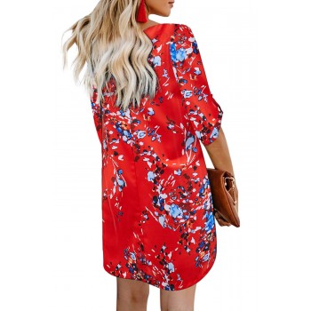 Black V Neck 3/4 Roll Sleeve Button Down Floral Dress Red